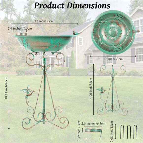 13” Bird Bath,Metal Bird Bath for Outside,Pedestal Bird Baths,Vintage Birdbath - Picture 3 of 7